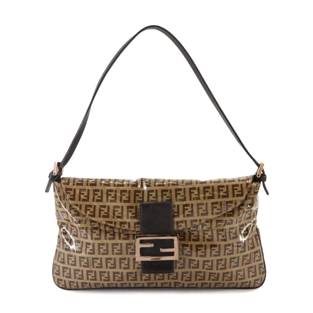Fendi Zucchino Patent Shoulder Handbag, Leather, Beige, 8BR002, Bronze Hardware